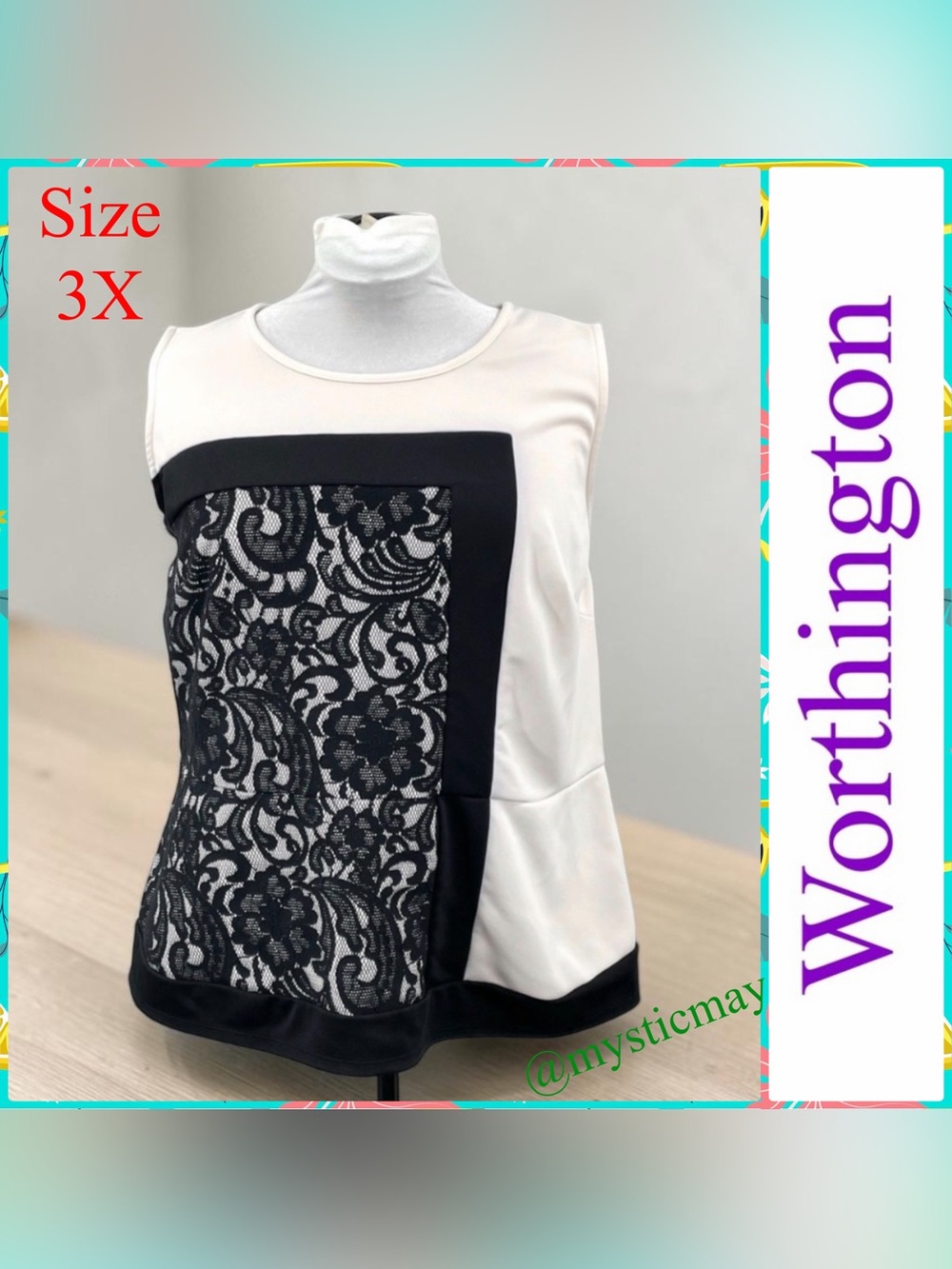 WORTHINGTON Cream w Black Lace Colorblock Sleeveless Peplum Top Plus Size 3X